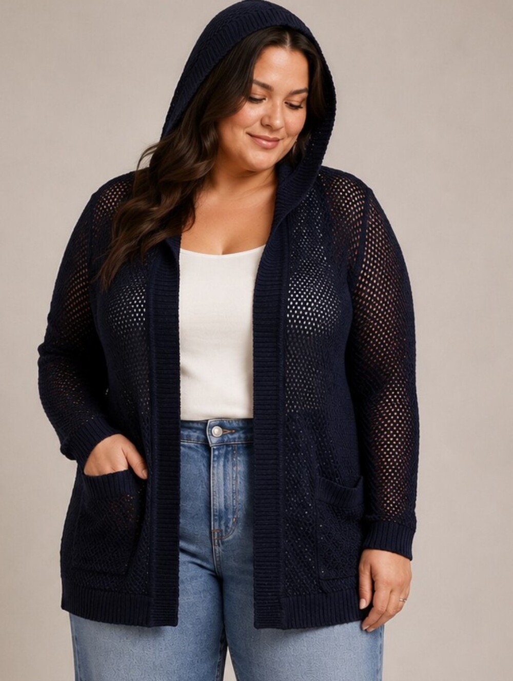 Talbots Cotton Navy Blue Long Open Knit Cardigan sweater 2X Hooded Casual